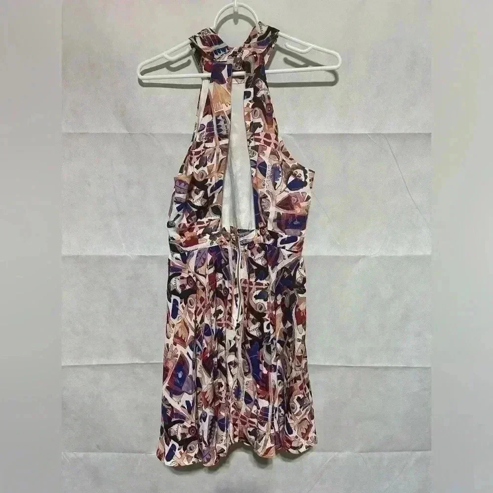 Lulus Sz. M Skater Dress Open Back Halter Neck Geometric Art One Eye Fit & Flare